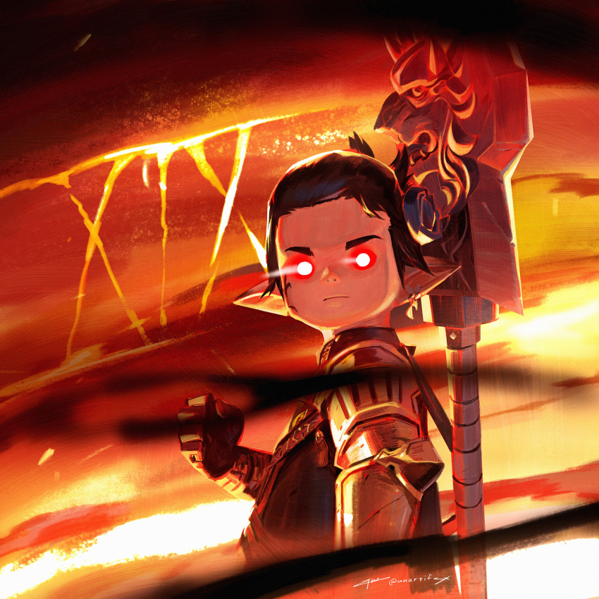 1boy armor artist_name avatar_(ffxiv) axe black_hair clenched_hand colin_tan earrings facial_tattoo final_fantasy final_fantasy_xiv glowing glowing_eyes highres jewelry lalafell looking_at_viewer pointy_ears red_eyes short_hair solo tattoo warrior_(final_fantasy)