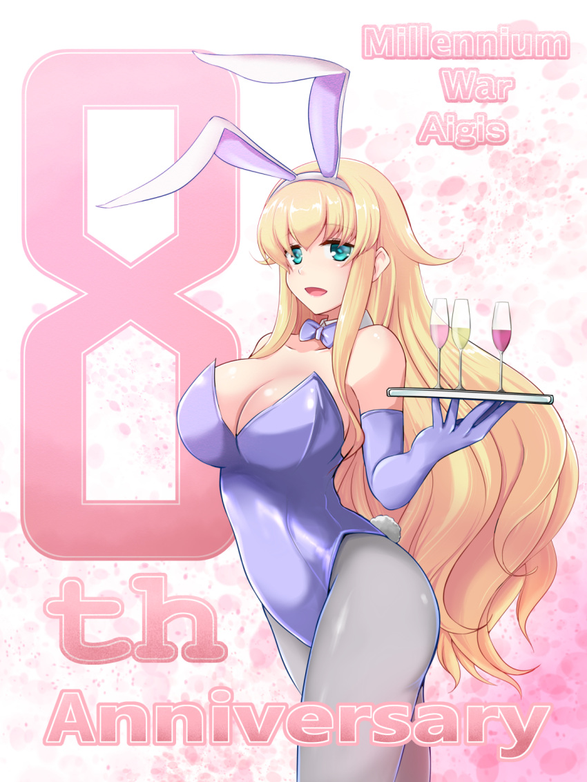 1girl animal_ears anniversary blonde_hair bow bowtie breasts camilla_(sennen_sensou_aigis) chinabreckenridge commentary_request cup detached_collar drinking_glass gloves grey_legwear highres large_breasts leotard long_hair pantyhose playboy_bunny purple_bow purple_bowtie purple_gloves purple_leotard rabbit_ears rabbit_tail sennen_sensou_aigis solo tail wine_glass