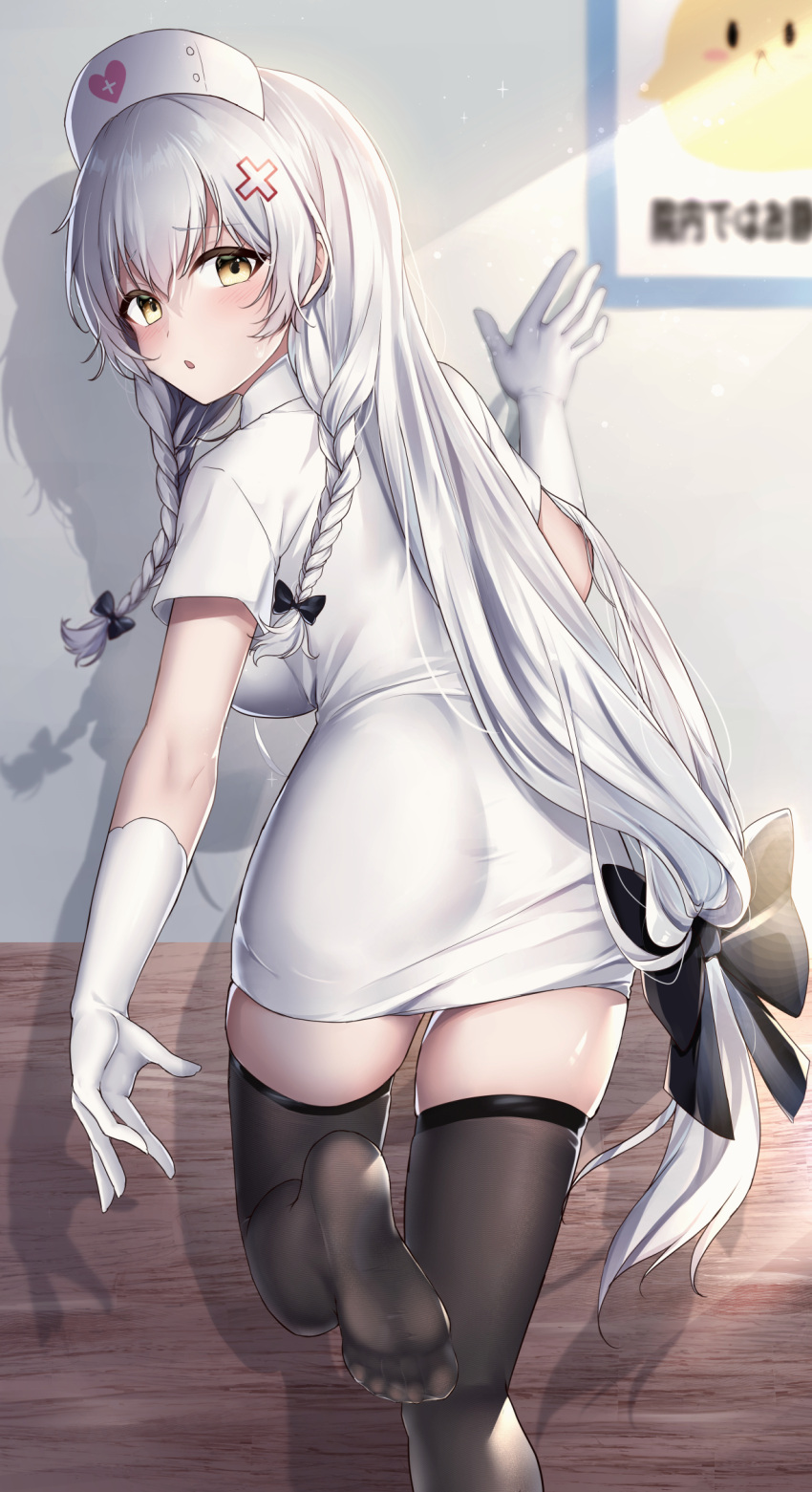 1girl against_wall ass azur_lane bangs black_bow black_legwear blush bow braid breasts dress feet feet_out_of_frame from_behind gloves hair_bow hat hermione_(azur_lane) hermione_(pure_white_angel)_(azur_lane) highres jyu-so large_breasts long_hair looking_at_viewer looking_back low-tied_long_hair no_shoes nurse nurse_cap short_dress silver_hair soles solo thigh-highs twin_braids very_long_hair white_dress yellow_eyes zettai_ryouiki