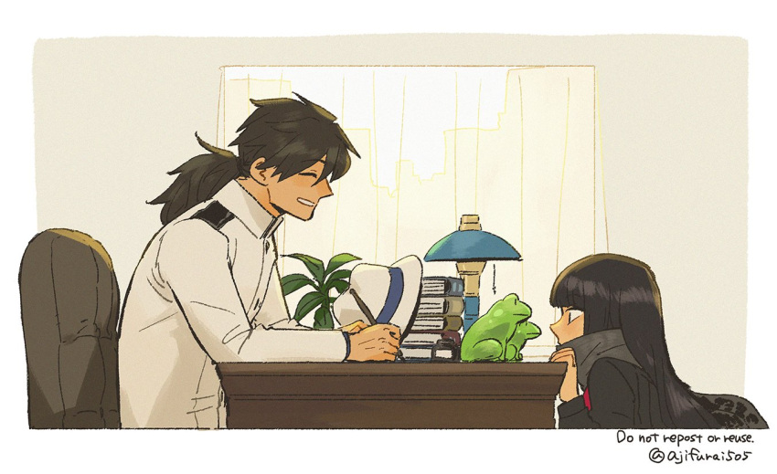 1boy 1girl ^_^ asaya_minoru bangs black_hair black_shirt book book_stack chair closed_eyes curtains desk desk_lamp english_text eyebrows_visible_through_hair fate/grand_order fate_(series) formal from_side grey_scarf hair_between_eyes hat hat_removed headwear_removed indoors jacket koha-ace lamp long_hair office_chair on_chair oryou_(fate) profile sakamoto_ryouma_(fate) scarf shirt sitting suit transparent twitter_username watermark white_headwear white_jacket window