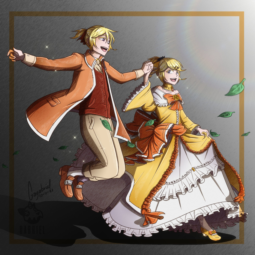 1boy 1girl aku_no_meshitsukai_(vocaloid) aku_no_musume_(vocaloid) allen_avadonia ascot beige_pants blonde_hair blue_eyes bow brother_and_sister brown_footwear choker colored_eyelashes dress dress_bow evillious_nendaiki footwear_bow frilled_dress frilled_sleeves frills hair_bow hair_ornament hair_ribbon hairclip highres holding_hands interlocked_fingers jacket jumping kagamine_len kagamine_rin leaf lens_flare mario_gagabriel master_of_the_heavenly_yard_(vocaloid) orange_bow orange_jacket ribbon riliane_lucifen_d'autriche shoes short_ponytail siblings signature skirt_hold sparkle twins updo vocaloid walking wide_sleeves yellow_dress yellow_footwear