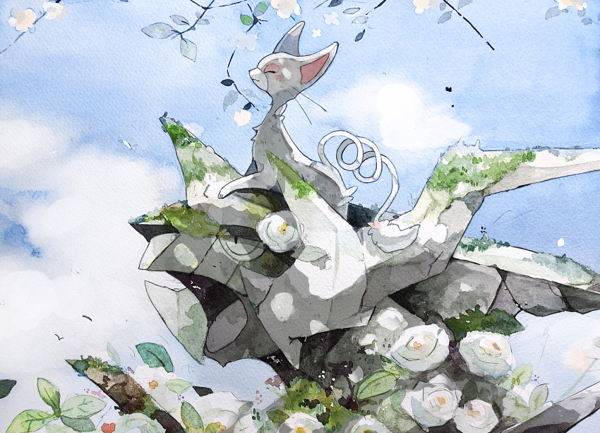 closed_eyes closed_mouth clouds commentary_request day flower from_side glameow highres kamonabe_(kamonabeekon) moss no_humans outdoors painting_(medium) pokemon pokemon_(creature) sky solo statue traditional_media watercolor_(medium) white_flower