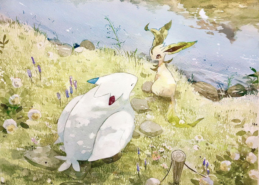 brown_eyes closed_eyes commentary_request day flower grass highres kamonabe_(kamonabeekon) leafeon no_humans outdoors painting_(medium) pokemon pokemon_(creature) reflection rock togekiss traditional_media water watercolor_(medium) white_flower