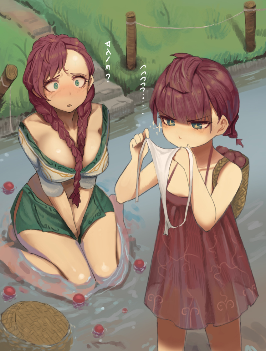 +_+ 2girls absurdres aqua_eyes backpack bag bare_arms barefoot blush braid breasts child chinese_commentary commentary_request crop_top dress food fruit grass green_skirt highres holding holding_clothes holding_panties holding_underwear large_breasts liangzi_tai_hongcha long_hair multiple_girls open_mouth original outdoors panties panties_removed red_dress redhead river shirt sitting sitting_on_water skirt sparkle twin_braids underwear wariza white_panties white_shirt