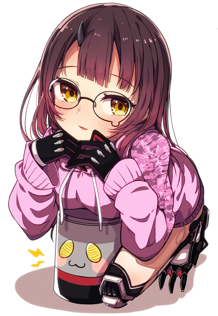 1girl :3 absurdres android bangs black-framed_eyewear black_gloves blush blush_stickers breasts brown_eyes brown_hair camouflage commentary_request drawstring eyebrows_visible_through_hair full_body glasses gloves highres hololive hood hood_down hoodie horns joints lightning_bolt_symbol long_sleeves looking_at_viewer medium_breasts okota_mikan parted_lips pink_hoodie puffy_long_sleeves puffy_sleeves roboco-san robot_joints single_horn sleeves_past_wrists solo virtual_youtuber white_background