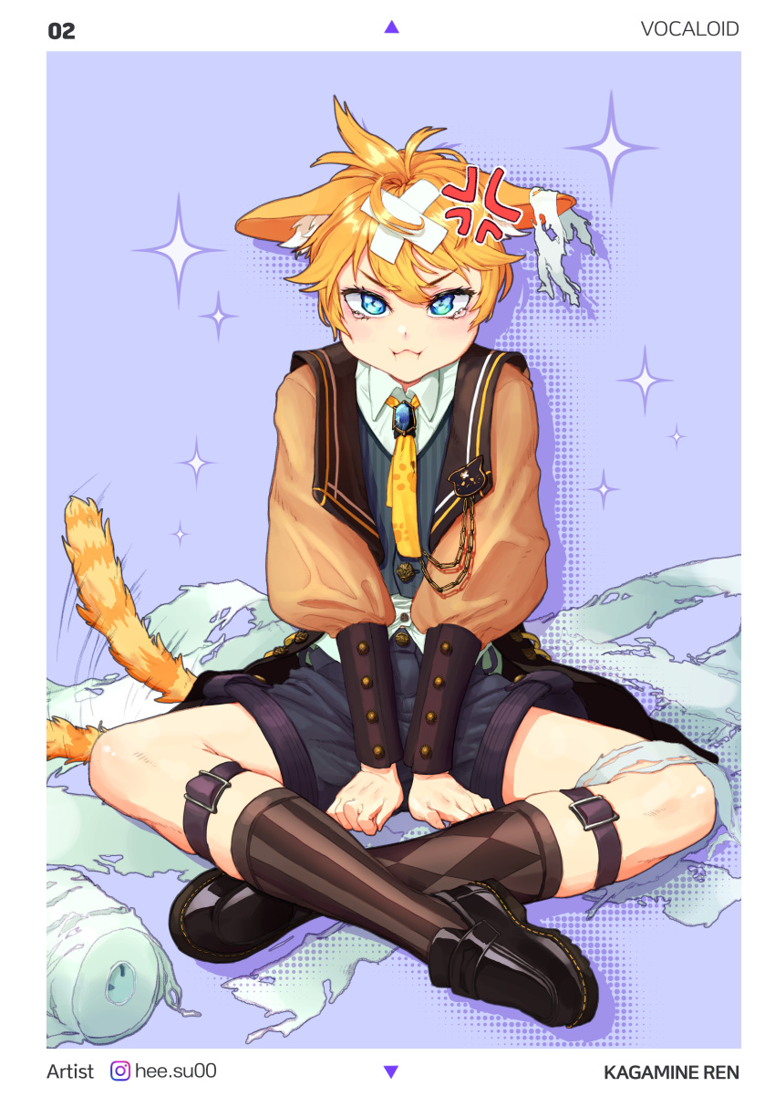 1boy :i absurdres afterimage anger_vein angry animal_ears arm_support asymmetrical_legwear bandaid bandaid_on_head bangs belt black_footwear black_shorts blonde_hair blue_eyes bolo_tie border brooch cat_boy cat_ears cat_tail character_name collared_shirt crossed_ankles diamond_(shape) drop_shadow full_body hee_suu highres jacket jewelry kagamine_len knee_strap kneehighs loafers long_sleeves mismatched_legwear necktie object_on_head plantar_flexion pout puffy_long_sleeves puffy_sleeves purple_background sailor_collar shirt shoes short_hair shorts sitting solo sparkle striped striped_legwear tail tail_wagging tearing_up toilet_paper vest vocaloid yellow_neckwear