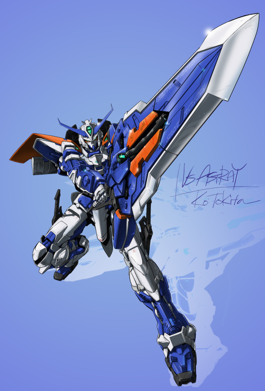 fighting_stance green_eyes gundam gundam_astray_blue_frame_second_revise gundam_seed gundam_seed_astray gundam_seed_vs_astray highres holding holding_sword holding_weapon huge_weapon mecha mobile_suit no_humans shadow signature solo sword tokita_kouichi v-fin weapon