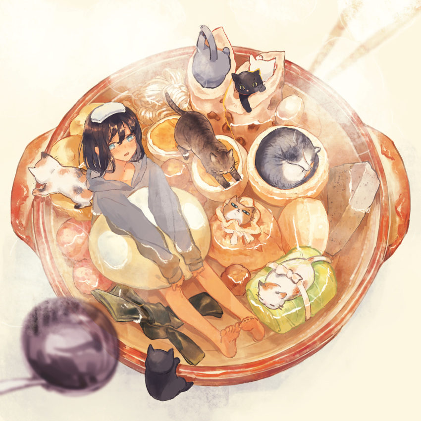 1girl animal bangs barefoot beige_background black_cat blue_eyes bob_cut cabbage calico cat chopsticks dumpling fish_cake food food_on_head from_above grey_hoodie hardboiled_egg highres hood hoodie hotpot in_container in_food konnyaku_(food) ladle long_sleeves meatball mirin_mosa mushroom nabe noodles object_on_head oden original outstretched_leg partially_submerged pot seaweed short_hair simple_background sleeves_past_wrists steam white_cat