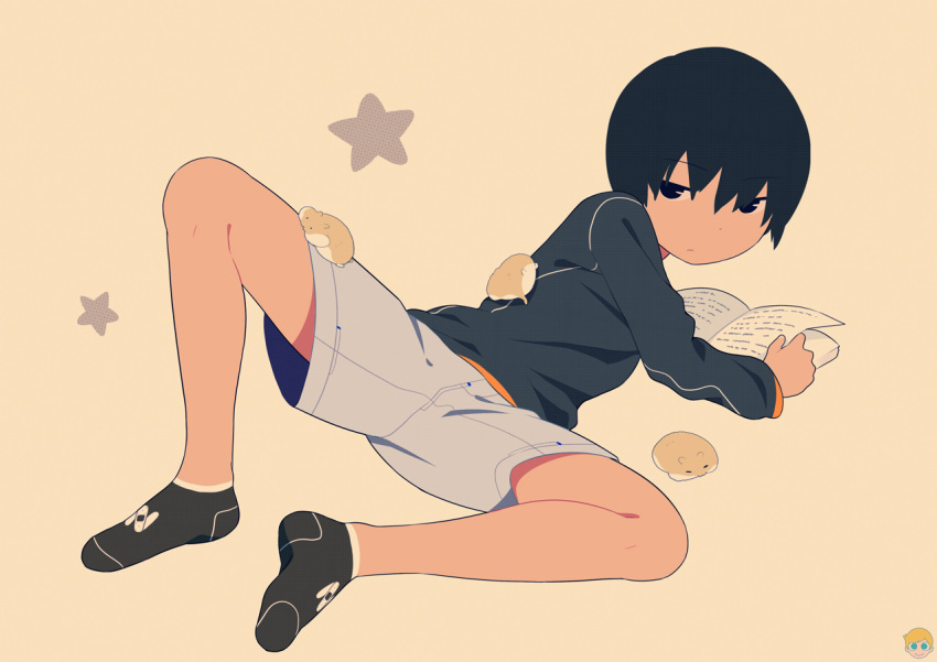 1boy black_hair book commentary hamster jitome leg_up lying male_focus noeyebrow_(mauve) on_side original short_hair shorts simple_background socks solo star_(symbol) symbol-only_commentary