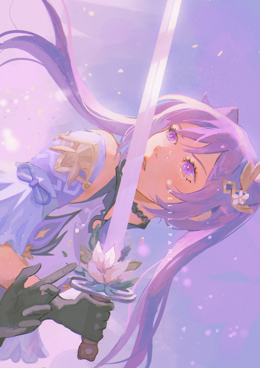 1girl absurdres black_gloves commentary detached_sleeves dress english_commentary falling_petals genshin_impact gloves highres holding holding_sword holding_weapon kelilypans keqing_(genshin_impact) long_hair parted_lips petals purple_background purple_dress purple_hair purple_theme sideways solo sword twintails upper_body violet_eyes watermark weapon