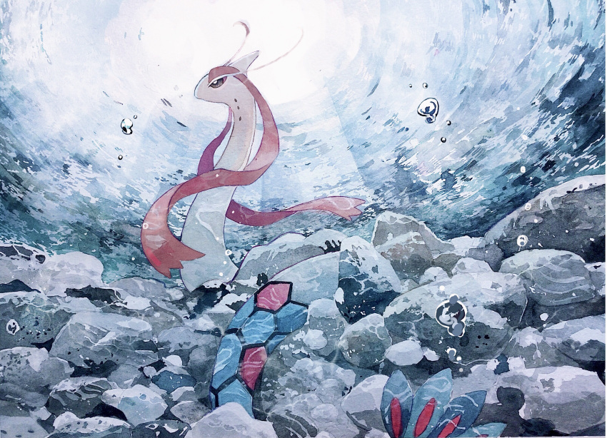 absurdres air_bubble bubble commentary_request from_below from_side highres kamonabe_(kamonabeekon) light_rays milotic no_humans painting_(medium) pokemon pokemon_(creature) rock solo traditional_media underwater watercolor_(medium)