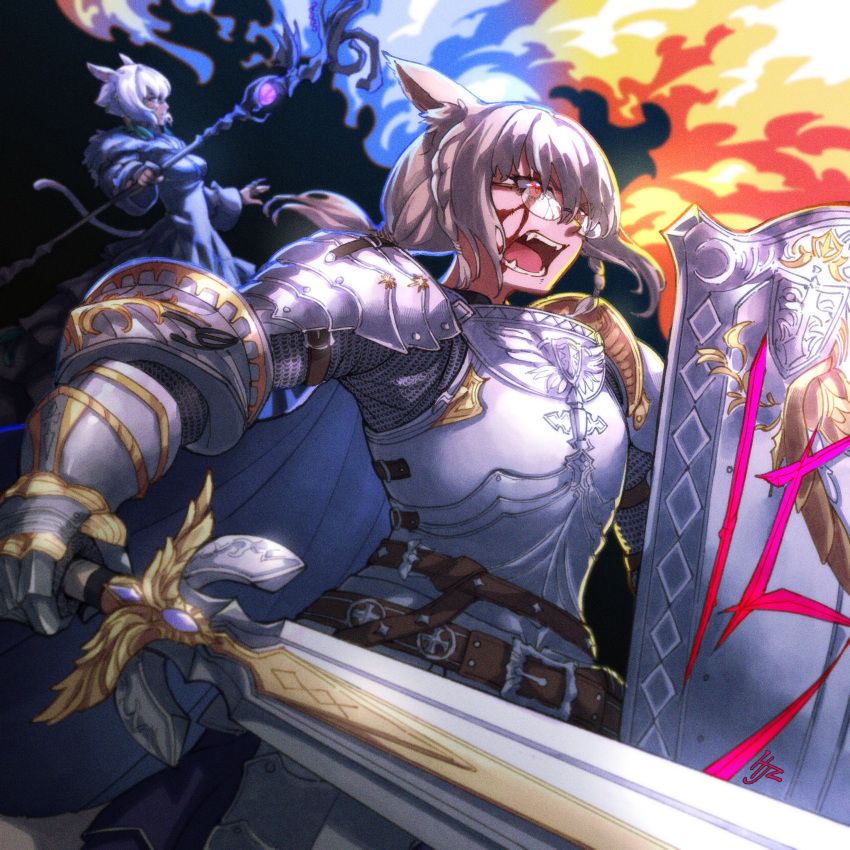 2girls absurdres armor artist_name avatar_(ffxiv) belt blood blood_on_face braid brown_hair cape chainmail fangs fire glasses highres hjz_(artemi) holding holding_sword holding_weapon miqo'te multiple_girls paladin_(final_fantasy) plate_armor red_eyes shield staff sword weapon white_hair y'shtola_rhul