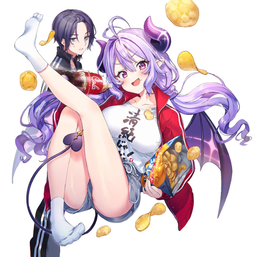 1boy 1girl :d antenna_hair bag_of_chips bangs bare_legs blush bottle breasts chips clothes_writing cola collarbone cover_image demon_girl demon_horns demon_tail demon_wings eyebrows_visible_through_hair food food_on_face full_body grey_shorts hair_between_eyes hatara_kazutomo head_tilt highres holding holding_bottle holding_food horns inko_(succubus_to_neet) jacket large_breasts legs long_hair long_sleeves looking_at_viewer nekoyashiki_pushio novel_illustration official_art open_clothes open_jacket pointy_ears potato_chips red_eyes red_jacket second-party_source shiny shiny_hair shirt shirt_tucked_in short_shorts shorts sidelocks smile snack socks soles sparkle succubus_to_neet tail textless track_jacket v-shaped_eyebrows very_long_hair wavy_hair white_legwear white_shirt wings
