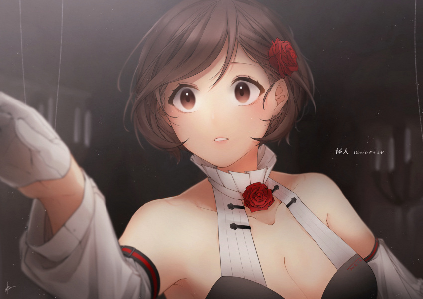 1girl absurdres after0217 bare_shoulders brown_eyes brown_hair collar detached_sleeves flower gloves hair_flower hair_ornament hand_up highres meiko miku_symphony_(vocaloid) outstretched_arm parted_lips rose short_hair solo