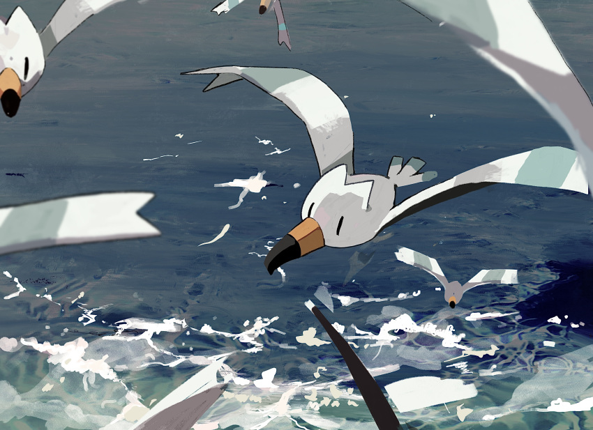 bird blurry blurry_foreground commentary_request day depth_of_field flying highres kamonabe_(kamonabeekon) no_humans ocean outdoors pokemon pokemon_(creature) seascape water waves wingull