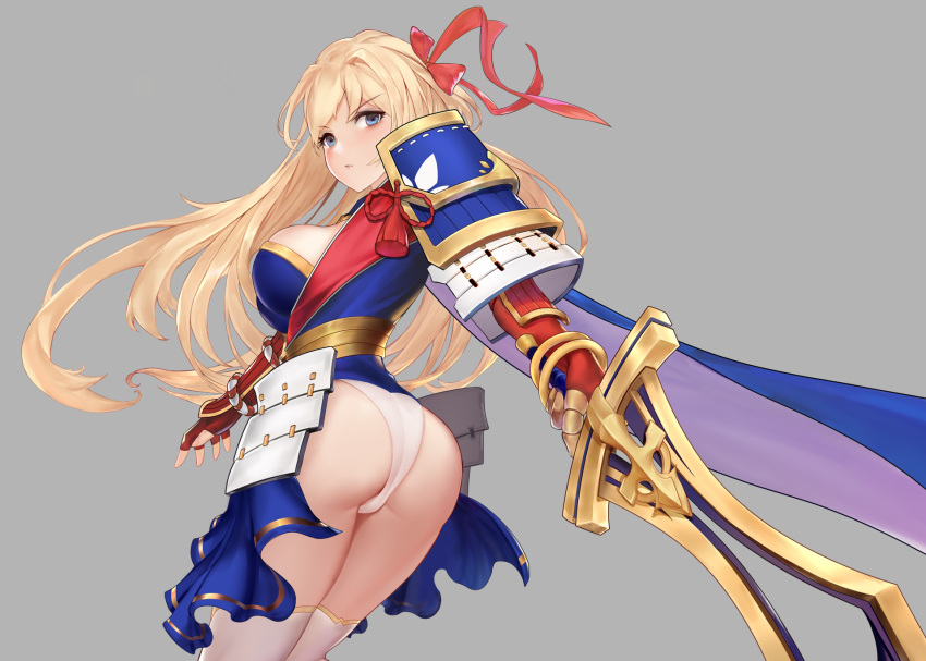 1girl armor ass blonde_hair blue_cape blue_eyes blue_skirt blush bracelet breasts cape cowboy_shot fingerless_gloves frown gloves grey_background hair_intakes hair_ribbon highres holding holding_sword holding_weapon japanese_armor jewelry kote kusazuri large_breasts lize_cai long_hair looking_at_viewer looking_back original panties red_gloves red_ribbon revealing_clothes ribbon sash shoulder_armor simple_background skirt skirt_set sode solo sword tassel two-sided_cape two-sided_fabric underwear weapon white_legwear white_panties