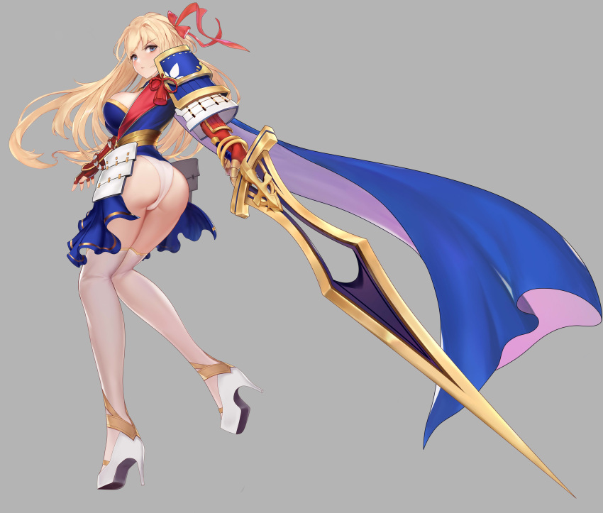 1girl absurdres armor ass blonde_hair blue_cape blue_eyes blue_skirt bracelet breasts cape fingerless_gloves frown full_body gloves grey_background hair_intakes hair_ribbon high_heels highres holding holding_sword holding_weapon japanese_armor jewelry kote kusazuri large_breasts lize_cai long_hair looking_at_viewer looking_back original panties red_gloves red_ribbon revealing_clothes ribbon sash shoulder_armor simple_background skirt skirt_set sode stiletto_heels sword tassel two-sided_cape two-sided_fabric underwear weapon white_footwear white_legwear white_panties