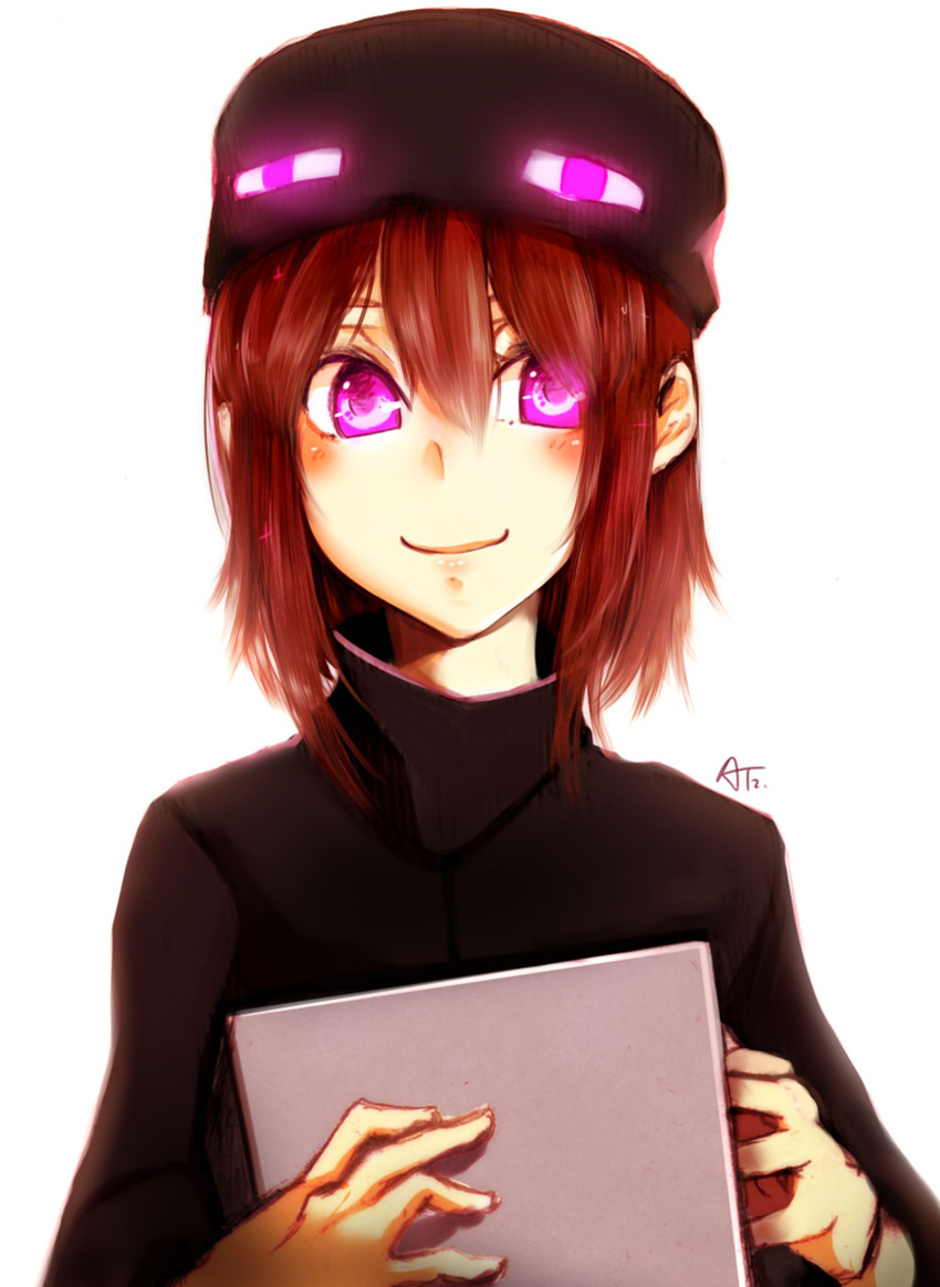 1girl absurdres alternate_hair_length alternate_hairstyle ander_(at2.) artist_name at2. black_sweater blush brown_hair closed_mouth enderman glowing glowing_eyes highres lips looking_at_viewer minecraft short_hair smile solo sweater violet_eyes