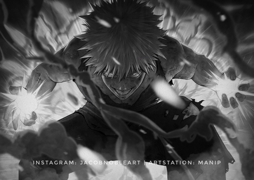 1boy absurdres action bakugou_katsuki bangs boku_no_hero_academia clenched_teeth dust explosion feet_out_of_frame glowing glowing_eyes greyscale highres incoming_attack injury looking_at_viewer male_focus manip monochrome motion_blur muscular outstretched_arms pants short_hair sleeveless smoke solo spiky_hair squatting tank_top teeth torn_clothes torn_pants