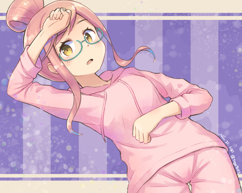 1girl alternate_costume alternate_hairstyle blue-framed_eyewear commentary_request cowboy_shot glasses hair_bun hood hooded_sweater hoodie kantai_collection long_sleeves makigumo_(kancolle) pants pink_hair pink_pants pink_sweater solo sweater toge_nbo yellow_eyes