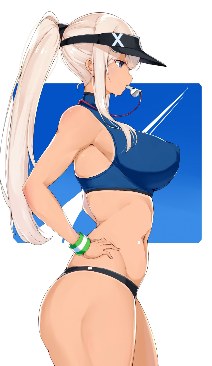 1girl absurdres alternate_costume alternate_hairstyle blonde_hair breasts commentary_request condensation_trail contrapposto cowboy_shot graf_zeppelin_(kancolle) grey_eyes highres kantai_collection large_breasts maruyaa_(malya1006) mouth_hold ponytail profile sidelocks solo sports_bikini standing whistle