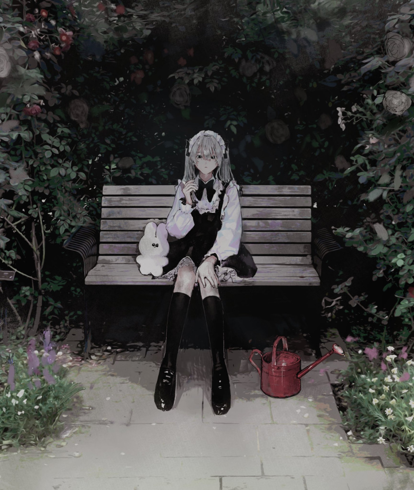 1girl bench black_bow black_bowtie black_dress black_eyes black_footwear boots bow bowtie dress flower full_body grey_hair hand_on_own_knee hand_up highres knee_boots long_hair long_sleeves looking_at_viewer maid_headdress mao_oxo original outdoors park_bench petticoat pinafore_dress plant solo stuffed_animal stuffed_toy symbol-only_commentary watering_can white_dress