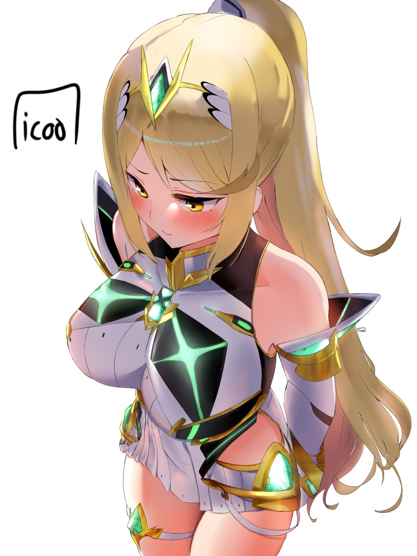 1girl alternate_hairstyle bangs bare_legs bare_shoulders blonde_hair breasts chest_jewel dress earrings elbow_gloves gloves highres icoo jewelry large_breasts long_hair mythra_(xenoblade) ponytail short_dress simple_background solo swept_bangs thigh_strap tiara very_long_hair white_background white_dress white_gloves xenoblade_chronicles_(series) xenoblade_chronicles_2 yellow_eyes