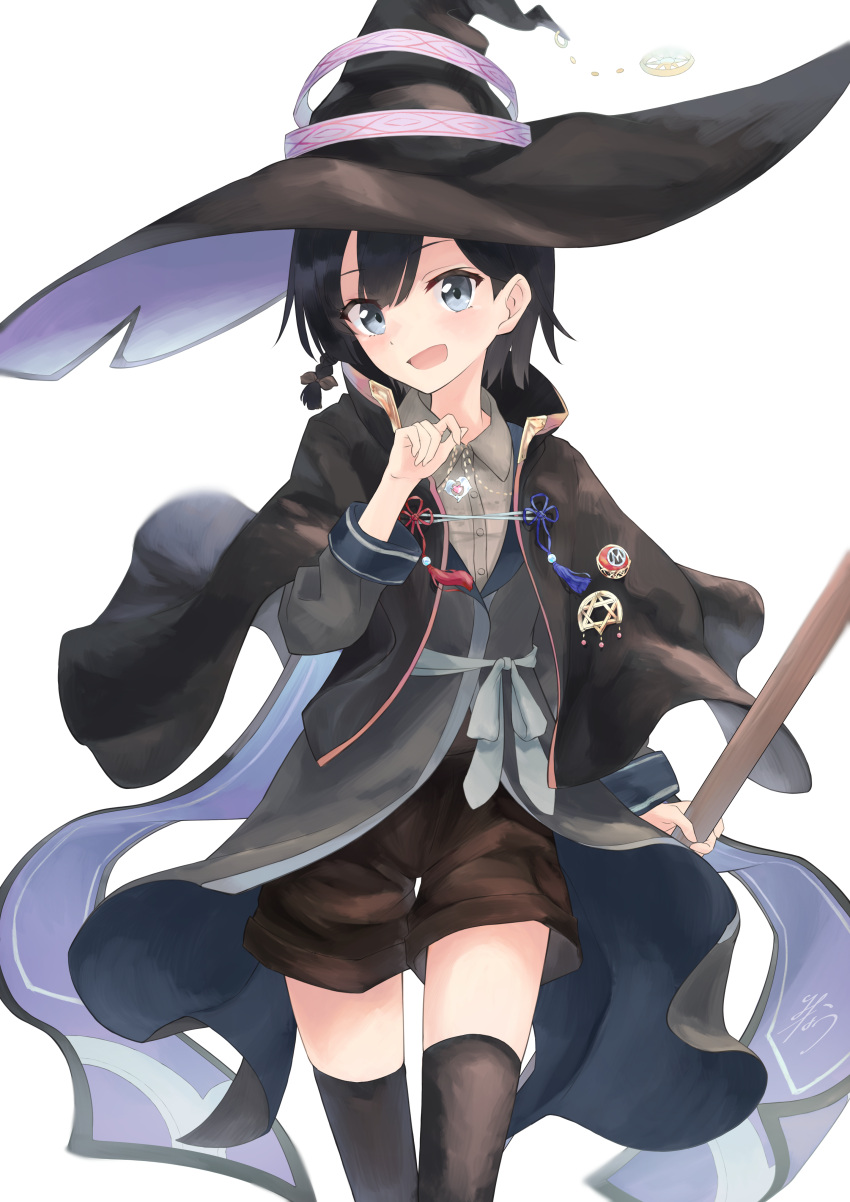 1girl :d absurdres bangs black_capelet black_headwear black_legwear blue_eyes blue_ribbon blush broom brown_shorts capelet collared_shirt dress_shirt grey_shirt hair_between_eyes hat highres holding holding_broom looking_at_viewer majo_no_tabitabi minau37 red_ribbon ribbon saya_(majo_no_tabitabi) shirt short_shorts shorts simple_background smile solo standing thigh-highs white_background wing_collar witch_hat zettai_ryouiki
