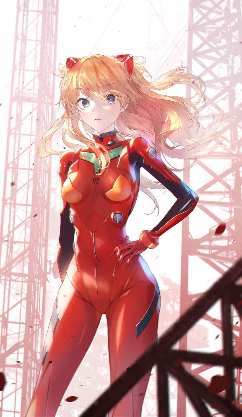 1girl absurdres bangs blue_eyes bodysuit bracer breasts breasts_apart day floating_hair hair_between_eyes hand_on_hip hand_on_own_thigh headgear highres legs_apart long_hair looking_at_viewer medium_breasts neon_genesis_evangelion orange_hair parted_lips plugsuit red_bodysuit solo souryuu_asuka_langley standing tellmedor