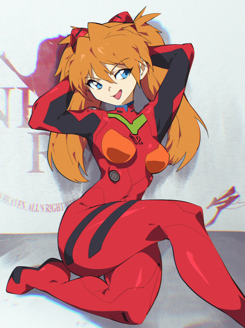 1girl absurdres aetherion arms_behind_head bangs blue_eyes bodysuit breasts feet_out_of_frame hair_ornament highres long_hair medium_breasts neon_genesis_evangelion open_mouth orange_hair plugsuit red_bodysuit solo souryuu_asuka_langley twintails