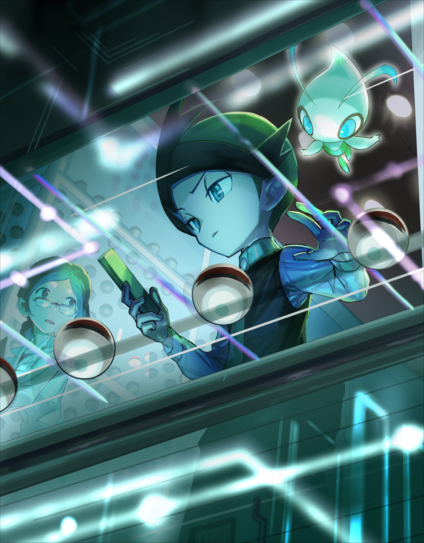1boy 1girl absurdres black_hair black_vest celebi closed_mouth commentary_request from_below glasses green_eyes green_hair green_necktie half-closed_eyes highres holding long_sleeves looking_to_the_side matsumoto_akira multicolored_hair necktie poke_ball poke_ball_(basic) pokemon pokemon_(creature) pokemon_(game) pokemon_dppt pokemon_platinum shirt short_hair thorton_(pokemon) two-tone_hair vest white_shirt