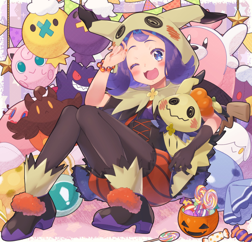 1girl ;d absurdres acerola_(pokemon) bangs bead_bracelet beads bewear blue_eyes blush bracelet brown_gloves brown_legwear candy_wrapper capelet commentary_request eyelashes flipped_hair gengar gloves halloween_costume highres holding holding_pokemon hood hooded_capelet jewelry jigglypuff legwear_under_shorts litwick mimikyu multicolored_footwear nail_polish official_alternate_costume one_eye_closed open_mouth orange_bracelet orange_shorts pantyhose pokemon pokemon_(creature) pokemon_(game) pokemon_masters_ex pumpkaboo purple_hair shoes shorts single_glove smile striped striped_shorts themed_object tongue vertical-striped_shorts vertical_stripes yupiteru