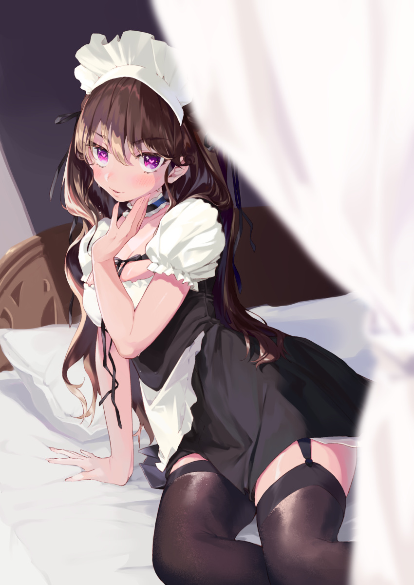 1girl amana_(pocketkey) apron arm_support bangs bed black_choker black_dress black_hair black_legwear blurry blurry_foreground blush choker commentary_request depth_of_field dress eyebrows_visible_through_hair frilled_choker frills garter_straps heart heart-shaped_pupils highres indoors long_hair lying maid maid_headdress on_bed on_side original parted_lips partial_commentary pillow puffy_short_sleeves puffy_sleeves short_dress short_sleeves smile solo sweat symbol-shaped_pupils thigh-highs violet_eyes waist_apron white_apron