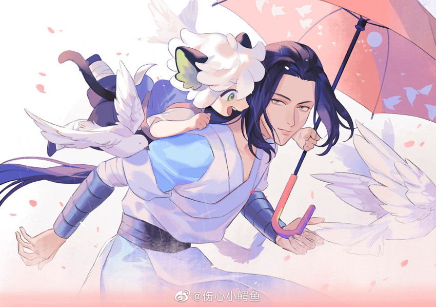 2boys animal_ears bean_mr12 black_hair cat_boy cat_ears cat_tail green_eyes long_hair luoxiaohei multiple_boys open_mouth petals pink_umbrella profile short_hair smile tail the_legend_of_luo_xiaohei umbrella upper_body very_long_hair white_background white_bird white_hair wuxian_(the_legend_of_luoxiaohei)