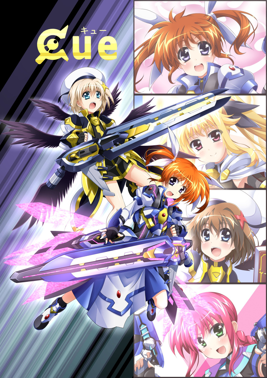 5girls :d absurdres amitie_florian armor armored_dress black_dress black_gloves black_ribbon black_wings blonde_hair blue_eyes blue_jacket boots braid braided_ponytail brown_hair cape closed_mouth commentary_request cover cover_page cropped_jacket doujin_cover dress fate_testarossa feathered_wings fingerless_gloves floating frown gloves green_eyes gun hair_ornament hair_ribbon highres holding holding_gun holding_weapon jacket juliet_sleeves long_dress long_sleeves lyrical_nanoha magical_girl mahou_shoujo_lyrical_nanoha_reflection multiple_girls multiple_wings open_mouth puffy_sleeves red_eyes redhead ribbon short_dress single_braid smile strike_cannon takamachi_nanoha tome_of_the_night_sky twintails unison variant_zapper weapon white_cape white_dress white_footwear white_jacket white_ribbon wings x_hair_ornament yagami_hayate yorousa_(yoroiusagi)