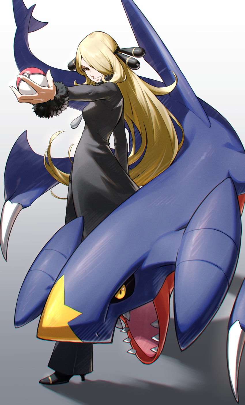 1girl absurdres black_coat black_footwear black_pants blonde_hair closed_mouth coat commentary_request cynthia_(pokemon) fur-trimmed_coat fur_trim garchomp grey_eyes hair_ornament hair_over_one_eye high_heels highres holding holding_poke_ball long_sleeves nemoto_yuuma outstretched_arm pants poke_ball poke_ball_(basic) pokemon pokemon_(creature) pokemon_(game) pokemon_dppt smile standing