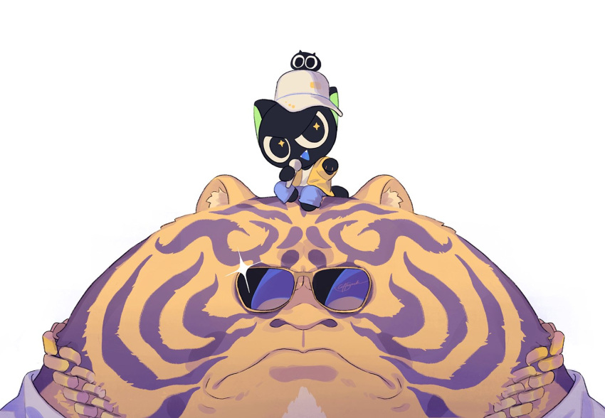 2boys animal_on_head baseball_cap bean_mr12 black_cat black_eyes blue_pants cat cat_on_head hat jewelry looking_at_viewer luoxiaohei multiple_boys necklace on_head pants shirt signature simple_background sunglasses the_legend_of_luo_xiaohei tianhu_(the_legend_of_luoxiaohei) white_background white_headwear yellow_shirt