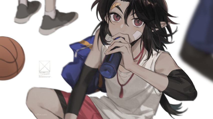 1boy bandaid bandaid_on_forehead basketball bean_mr12 black_hair bottle covering_mouth drinking feet hair_between_eyes lanxi_zhen long_hair pointy_ears red_shorts shorts solo_focus tank_top the_legend_of_luo_xiaohei violet_eyes water_bottle white_background white_tank_top xuan_li_(the_legend_of_luoxiaohei)