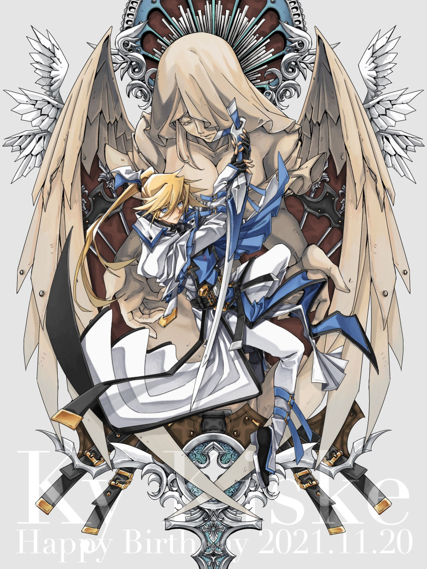 1boy absurdres angel_wings belt blonde_hair blue_eyes character_name dated dong_hole full_body grey_background guilty_gear guilty_gear_xrd hair_between_eyes happy_birthday highres holding holding_weapon ky_kiske long_hair male_focus multiple_belts multiple_weapons ponytail pose solo statue sword tied_hair weapon wings