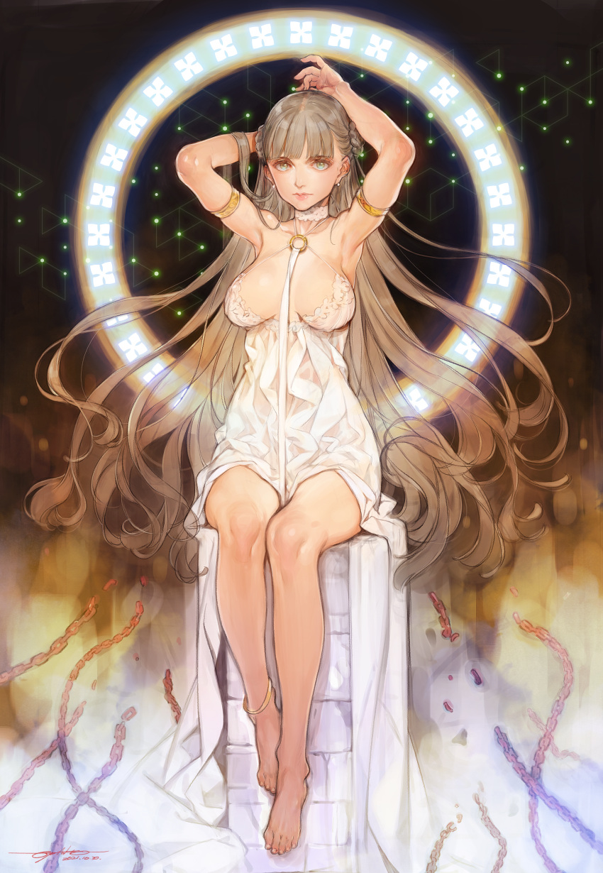 1girl absurdres anklet armband armpits arms_up barefoot breasts brown_hair chain commentary dated earrings green_eyes halo highres jewelry legs lips long_hair looking_at_viewer original oyari_ashito signature sitting solo