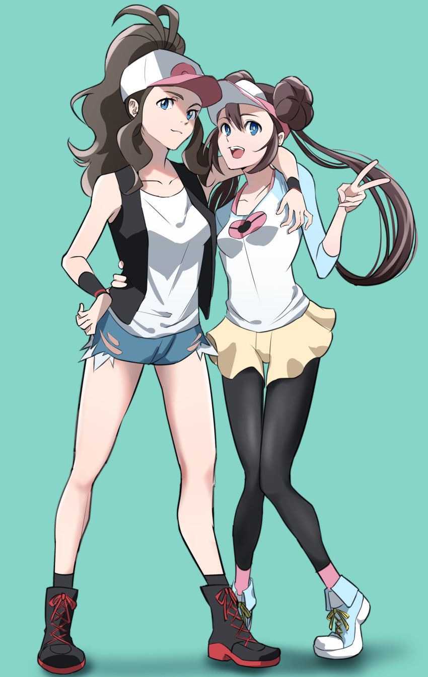 2girls :d absurdres bangs baseball_cap black_legwear black_vest blue_eyes boots brown_hair closed_mouth commentary_request denim denim_shorts double_bun floating_hair green_background hand_on_another's_waist hand_up hat high_ponytail highres hilda_(pokemon) legwear_under_shorts long_hair multiple_girls muraeaka open_mouth pantyhose pokemon pokemon_(game) pokemon_bw pokemon_bw2 raglan_sleeves rosa_(pokemon) shirt shoes short_shorts shorts sidelocks sleeveless sleeveless_shirt smile sneakers standing teeth tongue twintails upper_teeth v vest visor_cap white_shirt wristband yellow_shorts