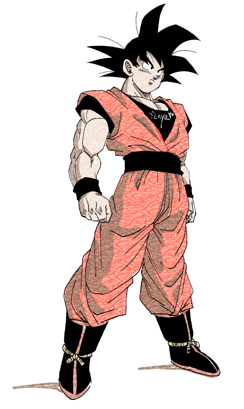 1boy ankle_boots arms_at_sides artist_name black_eyes black_footwear black_hair black_sash black_shirt black_wristband boots clenched_hands closed_mouth dougi dragon_ball dragon_ball_z facing_viewer fenyon full_body hair_strand highres legs_apart looking_afar male_focus muscular muscular_male obi pectorals rope sash serious shadow shirt short_sleeves simple_background son_goku spiky_hair standing undershirt white_background wristband