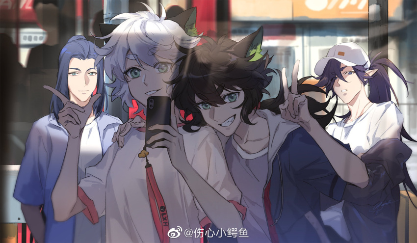 3boys animal_ears bean_mr12 black_hair blue_hair cat_boy cat_ears fengxi_(the_legend_of_luoxiaohei) green_eyes hands_up holding holding_phone index_finger_raised long_hair looking_at_viewer luoxiaohei multiple_boys multiple_persona parted_lips phone pointy_ears ponytail purple_hair selfie shirt short_hair short_sleeves smile the_legend_of_luo_xiaohei upper_body v weibo_username white_hair white_shirt wuxian_(the_legend_of_luoxiaohei)