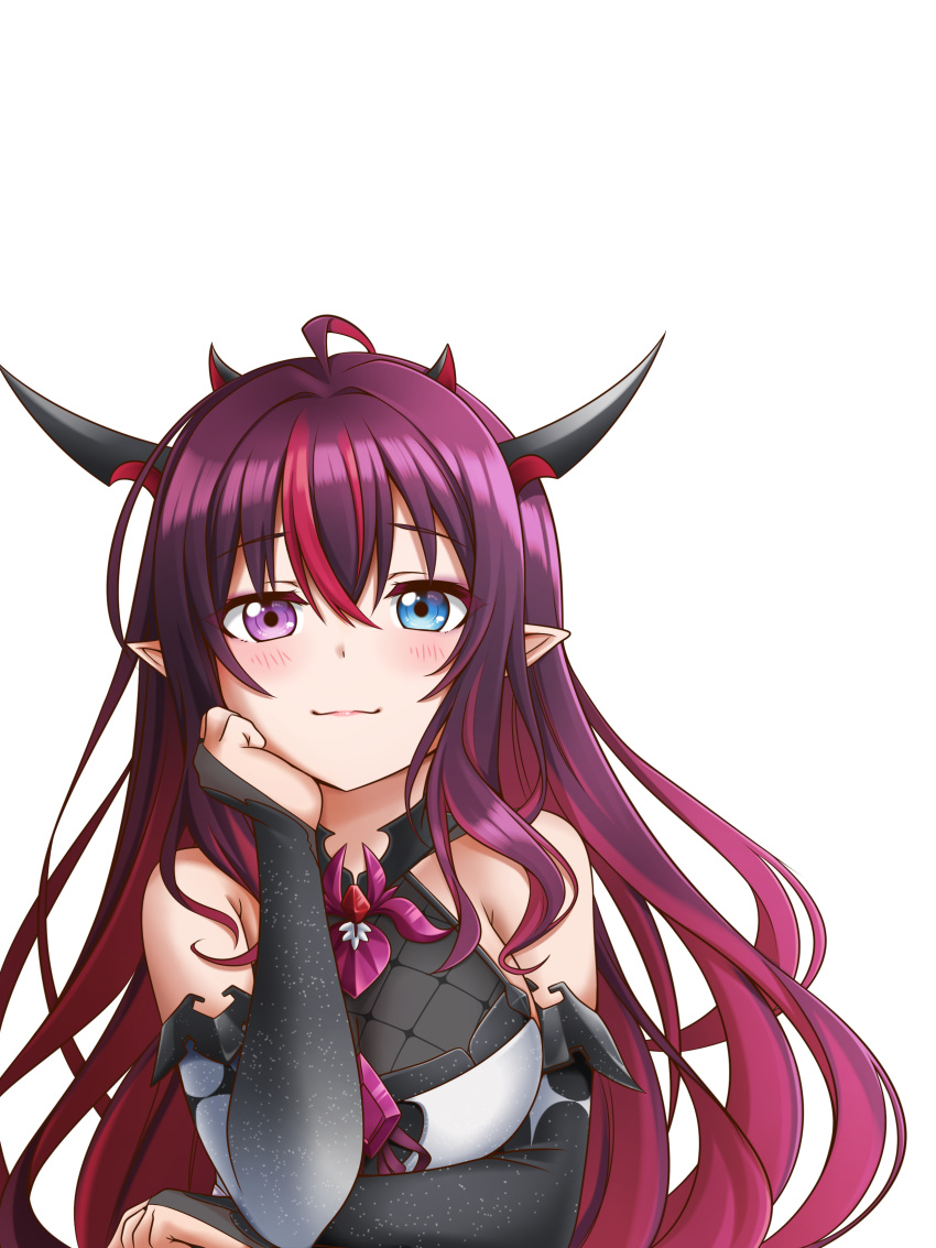 1girl absurdres ahoge blue_eyes blush bridal_gauntlets elbow_gloves english_commentary gloves grey_background head_rest heterochromia highres hololive hololive_english horns irys_(hololive) jan_azure long_hair looking_at_viewer multicolored_hair pointy_ears purple_hair redhead simple_background smile solo streaked_hair upper_body violet_eyes virtual_youtuber