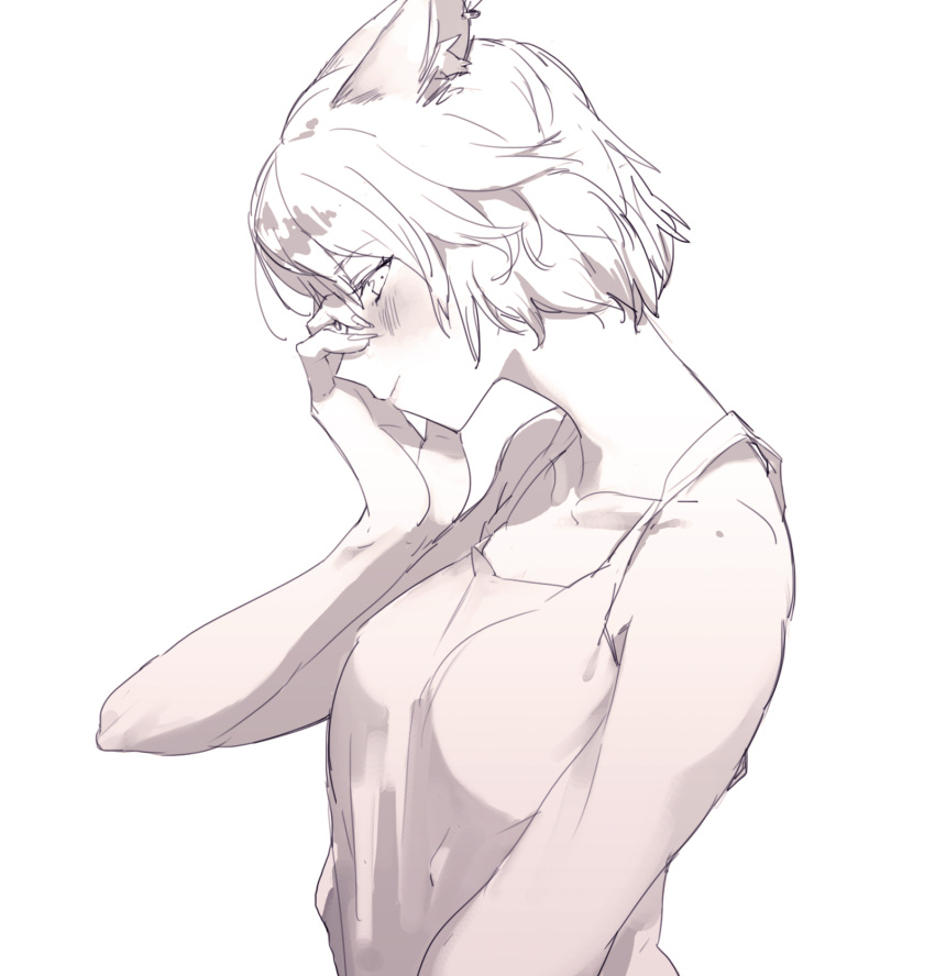 1girl animal_ears avatar_(ffxiv) blush cat_ears closed_mouth commentary_request final_fantasy final_fantasy_xiv from_side greyscale hand_on_own_face highres looking_at_viewer miqo'te monochrome profile short_hair sideways_glance solo suiso_(owp) tank_top upper_body