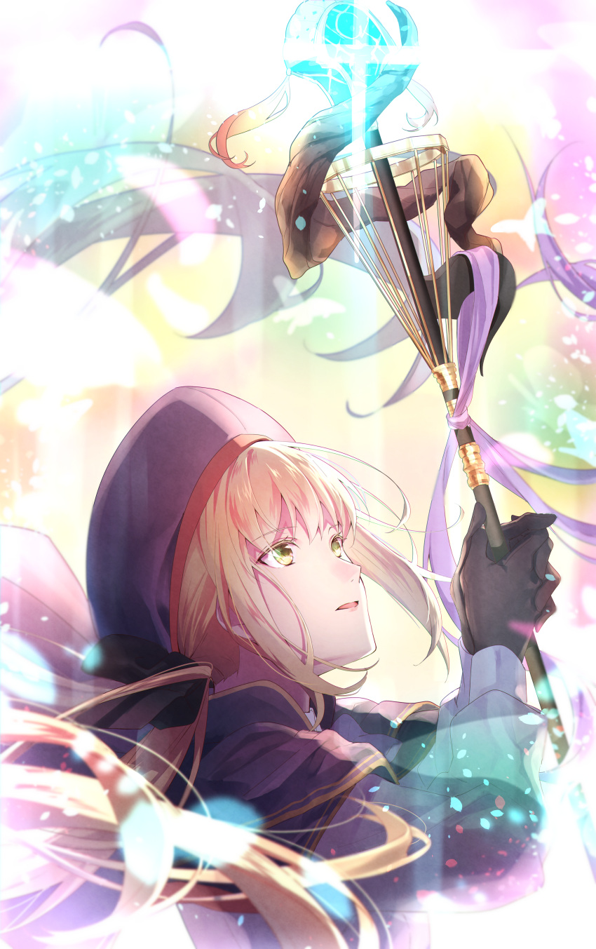 1girl absurdres artoria_pendragon_(caster)_(fate) artoria_pendragon_(fate) bangs black_bow black_gloves blonde_hair blue_cape blue_headwear bow cape commentary dress eyebrows_visible_through_hair fate/grand_order fate_(series) floating_hair gloves glowing glowing_staff glowing_weapon green_eyes hair_between_eyes hair_bow hat highres holding holding_staff holding_weapon light_particles lips long_hair long_sleeves looking_up magic open_mouth parted_lips pink_lips runaruna1444 sidelocks solo staff twintails upper_body weapon white_dress