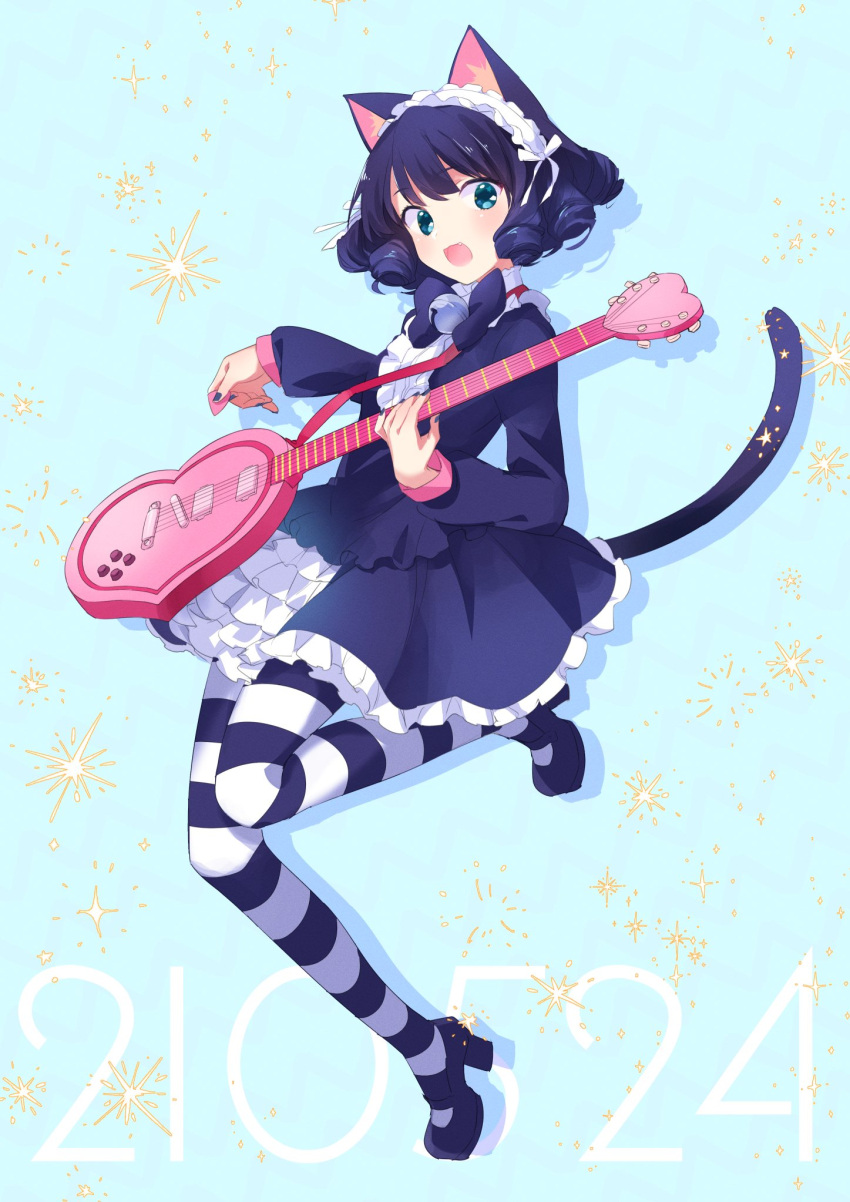 1girl animal_ears aqua_background bell black_dress black_hair blue_eyes blush bow cat_ears cat_tail curly_hair cyan_(show_by_rock!!) dated dress frilled_dress frills full_body guitar hairband heart_guitar highres holding holding_instrument instrument jingle_bell kyuuri_(miyako) leg_up lolita_fashion lolita_hairband long_sleeves looking_at_viewer open_mouth pantyhose plectrum show_by_rock!! simple_background solo sparkle striped striped_legwear tail