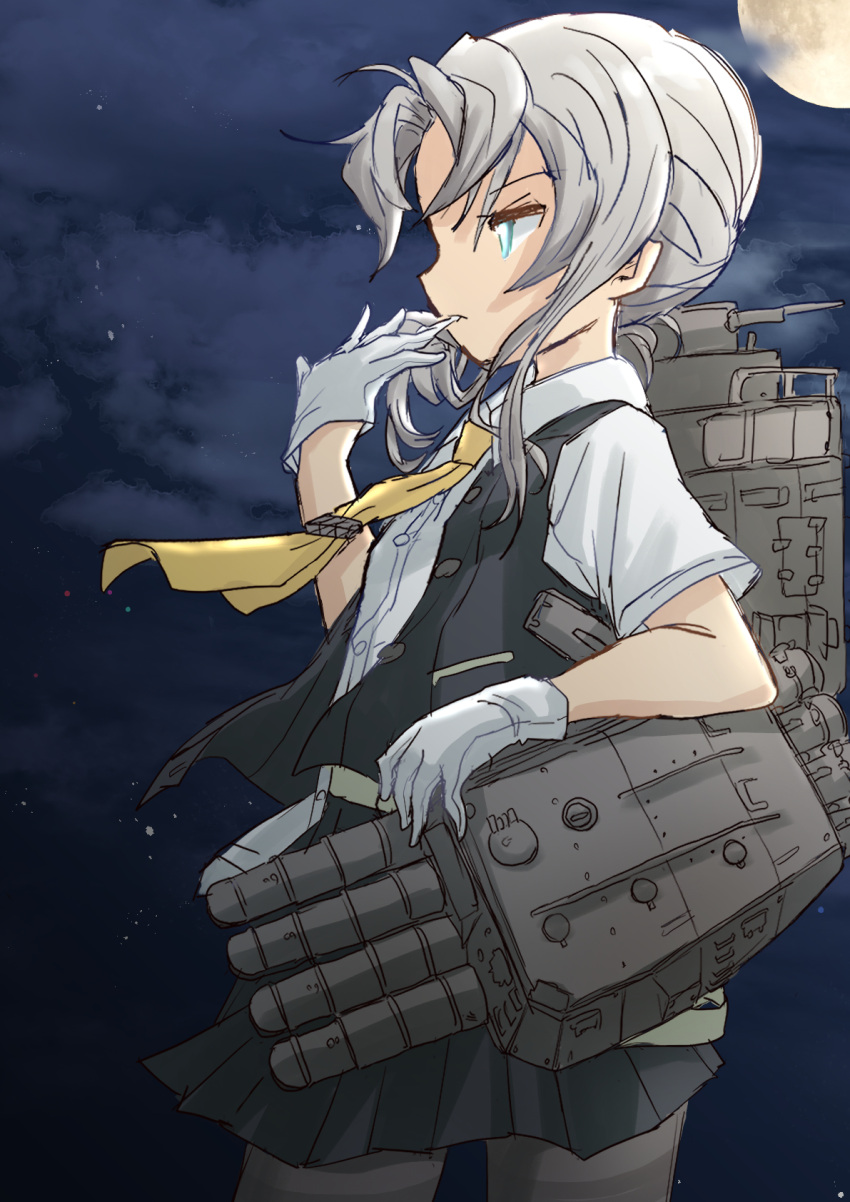1girl asymmetrical_bangs bangs black_skirt black_vest blouse blue_eyes clouds commentary_request cowboy_shot eyebrows_visible_through_hair from_side fuji_(pixiv24804665) full_moon gloves grey_hair grey_legwear highres kantai_collection machinery moon neckerchief night night_sky nowaki_(kancolle) open_clothes open_vest pantyhose partial_commentary pleated_skirt short_hair skirt sky solo star_(sky) swept_bangs torpedo_launcher vest white_blouse white_gloves yellow_neckerchief