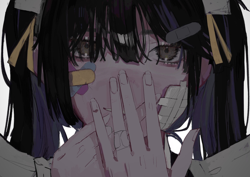 1girl bandage_on_face bandages bandaid bandaid_hair_ornament bandaid_on_face bandaid_on_hand bangs black_hair brown_eyes close-up commentary_request face hair_ribbon hands_over_mouth highres looking_at_viewer mao_oxo original parted_lips ribbon smile solo yellow_ribbon