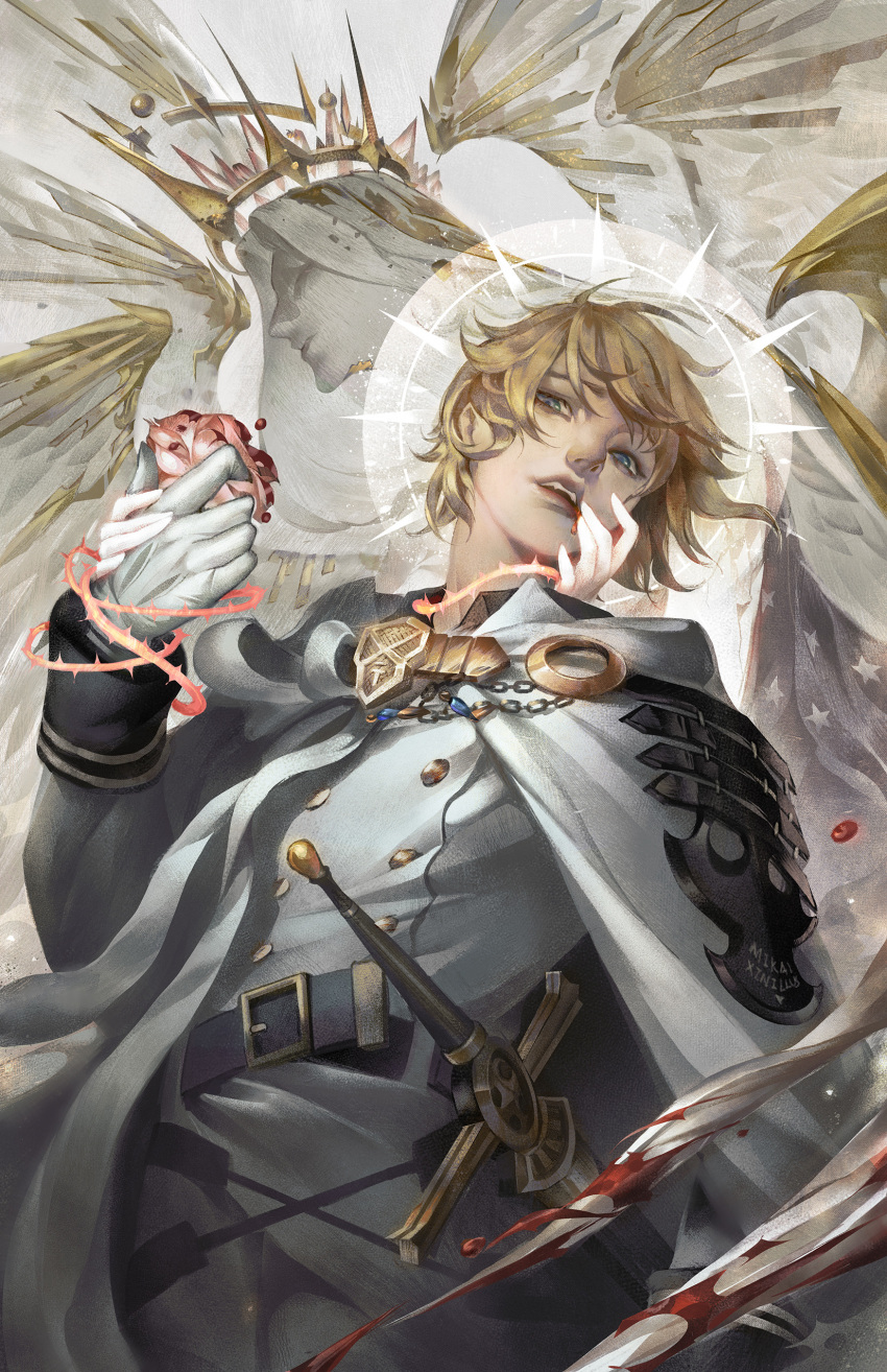 1boy absurdres angel angel_wings armor bangs belt blonde_hair blood blue_eyes cape crown gloves halo hand_on_another's_cheek hand_on_another's_face hand_on_another's_hand highres holding hyakuya_mikaela long_sleeves looking_at_viewer looking_down male_focus multiple_wings owari_no_seraph parted_lips pauldrons short_hair shoulder_armor solo_focus sword thorns upper_body weapon white_cape white_gloves wings xinillus